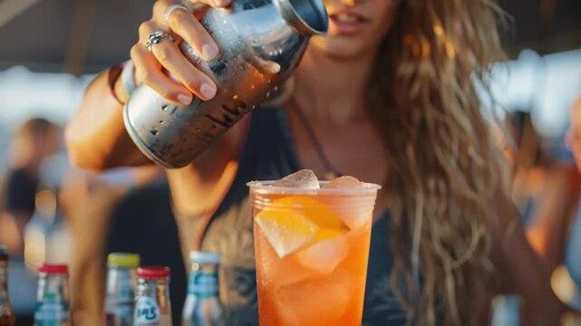 A curly-haired bartender skillfully mixes and pours a vibrant drink into a clear cup filled with ice and fruit at a lively outdoor bar during a warm sunset evening