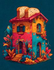 Surreal colorful house with toast rooftop