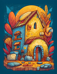 Fantasy cottage with bread roof and warm glow