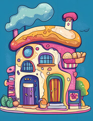 Playful dessert-themed cartoon house with sweets