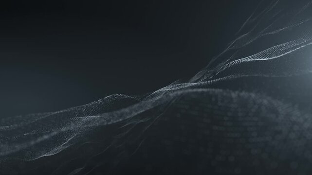 Elegant flowing particle waves form a dark abstract background, resembling a digital mesh landscape with subtle motion and futuristic atmosphere. seamless loop