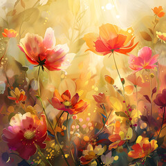 Golden glowing wildflower field in dreamy style
