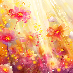 Sunlit abstract flower field with glowing petals