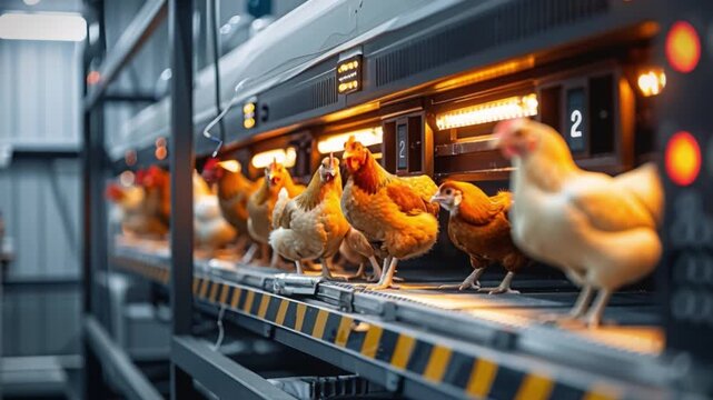A flock of chickens is efficiently processed along an automated conveyor system under intense fluorescent lighting within a state-of-the-art poultry facility