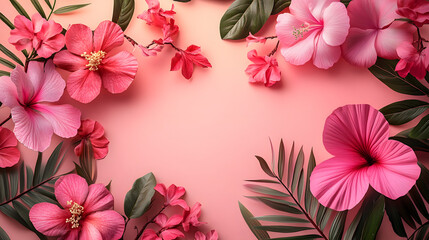 Pink hibiscus flower frame on pastel background