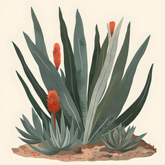 Stylized aloe plant with red flowers illustration