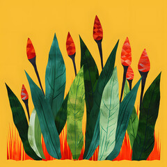 Colorful abstract succulent with red buds on yellow background