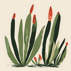 Minimalist succulent plant with red buds illustration