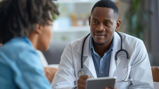 A healthcare professional attentively examines a patient's health information on a tablet during a consultation, facilitating accurate diagnosis and treatment planning in a comfortable office setting