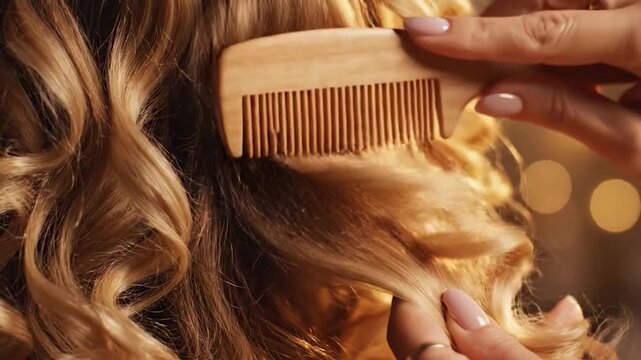 A professional stylist carefully combs through beautiful blonde curly hair