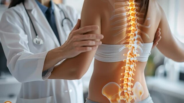 A medical practitioner performs a thorough spinal analysis on a female patient in a contemporary healthcare setting, conducting a meticulous examination to assess the back and spine condition