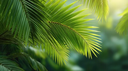 Obraz premium Lush Green Palm Leaves with Natural Sunlight Filtering Through a Tropical Forest Background Creating a Serene and Tranquil Atmosphere