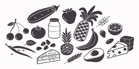 Naklejka premium A variety of fruits, vegetables, and kitchen utensils arranged neatly on a surface.