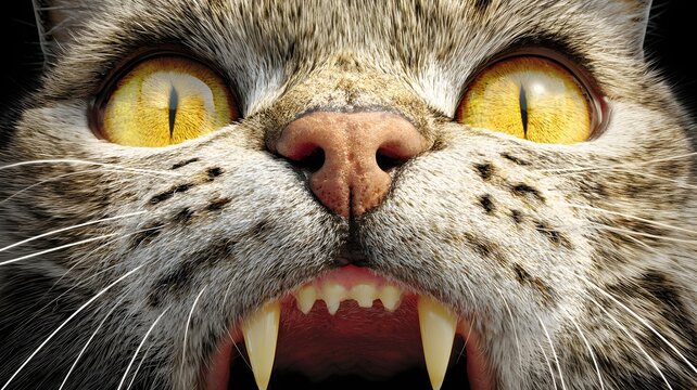 Das Gesicht einer Katze mit gelben Augen und spitzen Z&auml;hnen.