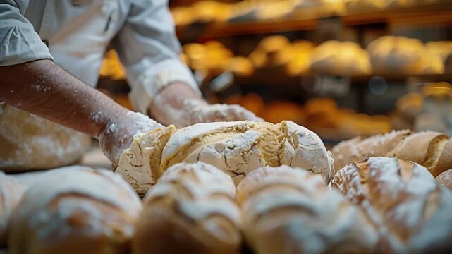 A skilled baker swiftly slices a warm, freshly baked loaf in a busy, well-equipped bakery kitchen filled with modern equipment, amidst the morning's baking activities