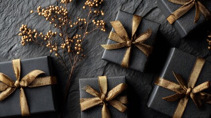 Fototapeta premium Elegant flat lay of matte black gift boxes with satin gold ribbons arranged on a dark textured slate background with dried decorative twigs.
