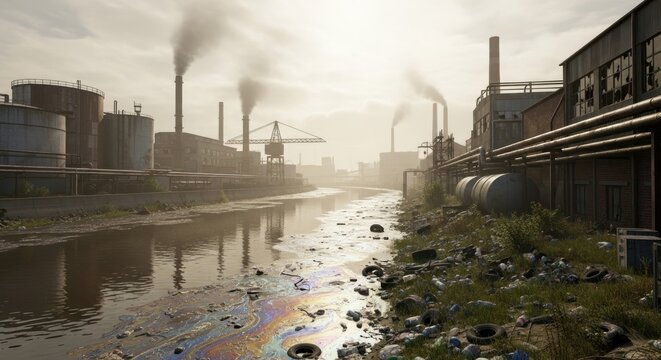 A polluted river with industrial buildings and smokestacks in the background, reflecting the environmental impact of industrial activities.