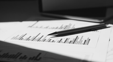 Fototapeta premium Monochrome Financial Data Analysis: Close-up of Bar Charts and Graphs on Paper with Pen. Business Strategy, Market Performance, and Economic Reporting Documentation.