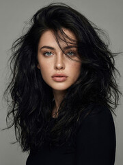 Naklejka premium Model poses for a close-up portrait with wild hair and natural makeup