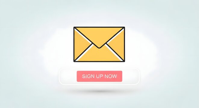 Vibrant yellow email envelope icon with a red sign up now button on a soft blue background for digital communication