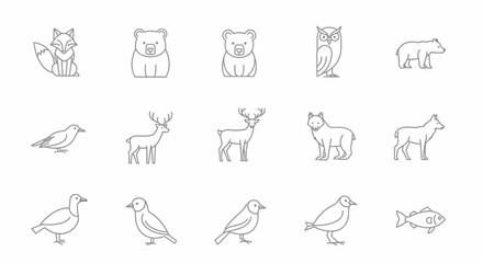 Obraz premium Set of diverse outline animal icons including fox, bear, owl, deer, swan, duck, and fish on isolated white background.
