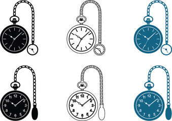 Assorted pocket watches with chains and numbered dials in color variations