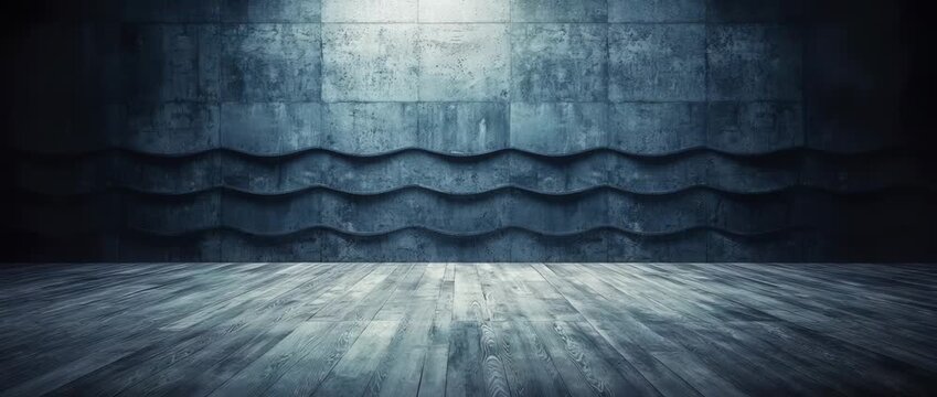 Dark empty room interior with textured blue concrete wave wall and wooden floor