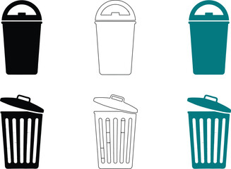 Six trash can in black white and teal with open and closed lids ,  public, sanitation, disposal, waste 