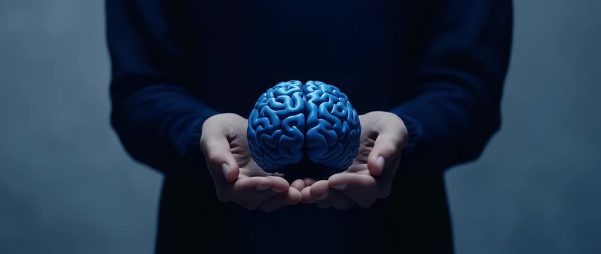Hands carefully holding  luminous blue three dimensional model of  human brain