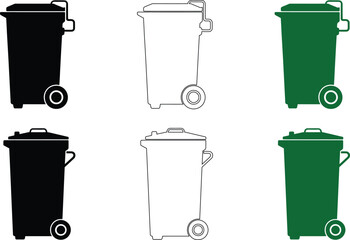 Set of six wheeled trash bins in black white and green silhouettes and outlines