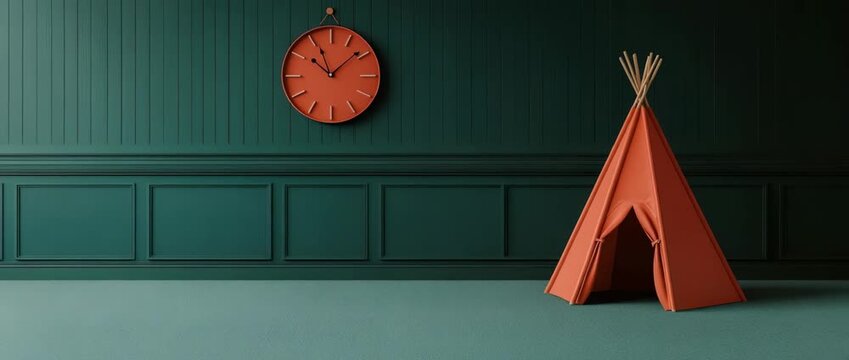 Orange play tent and wall clock against dark green paneled interior wall and teal floor