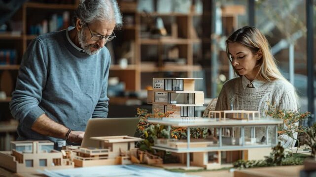 An elderly architect and a young colleague intently study architectural models alongside design drafts and detailed sketches on a table within a sunlit studio