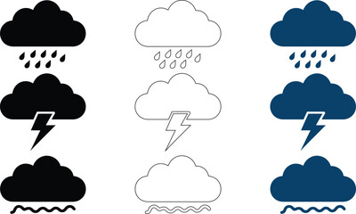 Weather depicting rain thunderstorm and fog in black white and blue variations