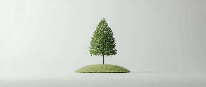 Minimalist render of  solitary green tree on  small patch of grass against  light studio