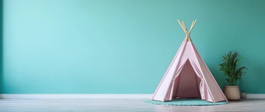 Indoor pink children's teepee tent setup on wooden floor against turquoise wall with potted plant
