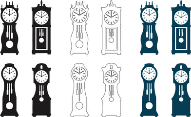 Variety of grandfather clocks in silhouette outline and blue color variations