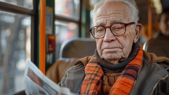 An elderly man wearing spectacles and wrapped in warm scarf sits engrossed in reading newspaper while commuting on crowded public transport in urban city environment, soaking in the lively atmosphere
