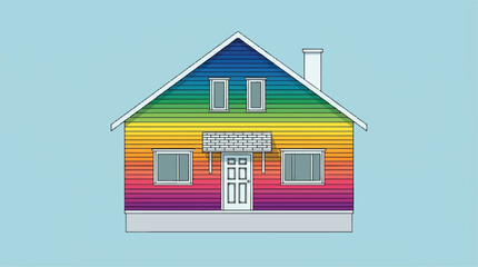 Colorful rainbow house with white trim and chimney on light blue background