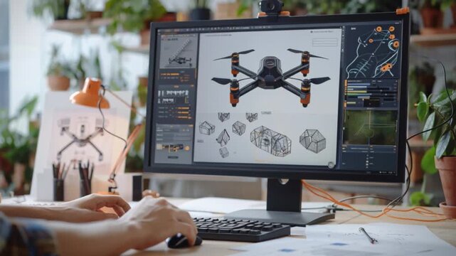 An engineer is engrossed in designing cutting-edge drone using sophisticated software on computer, surrounded by lush green plants in vibrant, inspiring workspace that sparks innovation and creativity