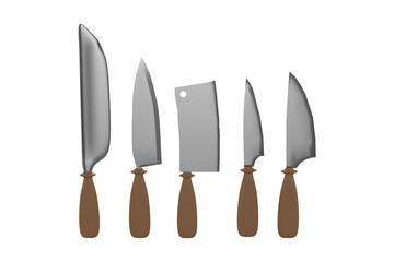 Digital png illustration of a range of five different kitchen knives on transparent background