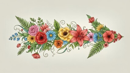 Vibrant Floral Arrangement with Leaves and Swirls.