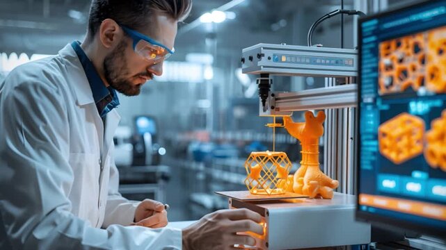 An expert engineer skillfully controls a 3D printing machine in a state-of-the-art lab, fabricating an intricate orange model with precise technological specifications displayed on adjacent screens