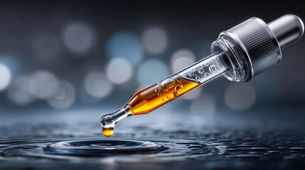 A drop of liquid falls from a glass dropper and creates ripples on a dark surface