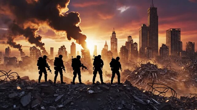 Silhouette of soldiers standing on rubble overlooking a destroyed city skyline at sunset, depicting the aftermath of a devastating urban conflict.