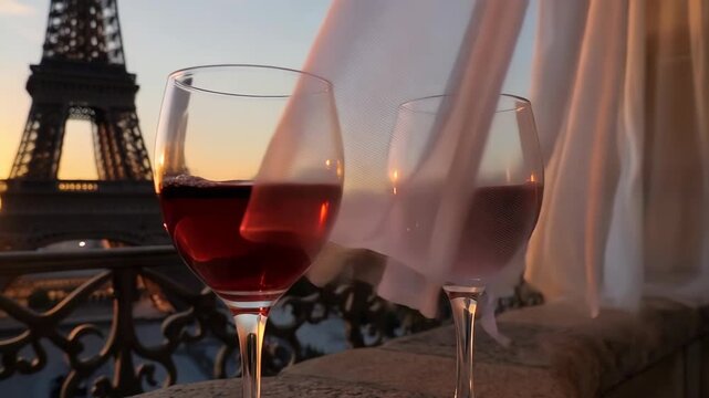 Golden hour at a Parisian balcony, red wine glasses, Eiffel Tower in the background, soft breeze.