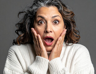 Erschrockene Frau mittleren alters, mit gro&szlig;en Augen und offenen Mund.