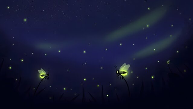 Fireflies glowing under a starry night sky digital illustration