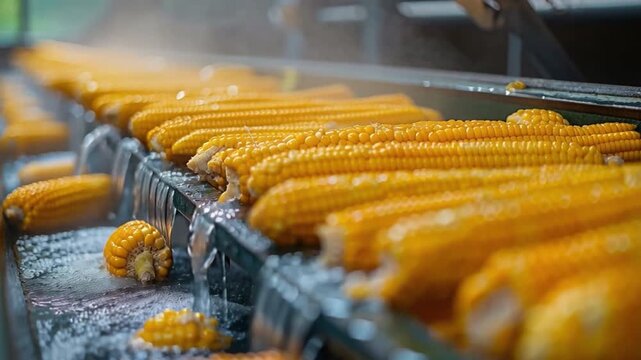 At an autumnal factory, workers carefully rinse freshly harvested yellow corn cobs in water as part of a meticulous processing and packaging preparation