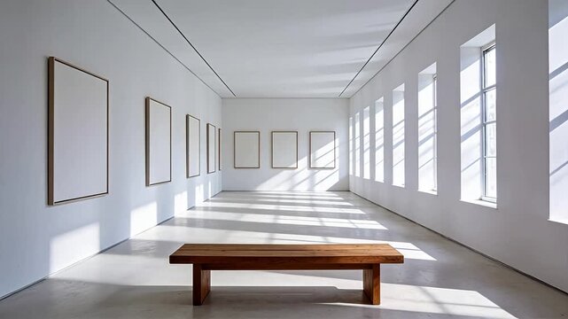 White art exhibition space with empty frames and wooden bench