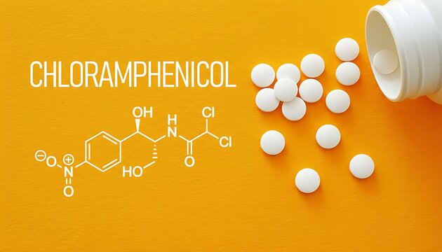 Chloramphenicol pills with molecular structure on yellow background, antibiotic medication featuring white tablets, chemical formula, pharmaceuticals with medicine and healthcare elements for